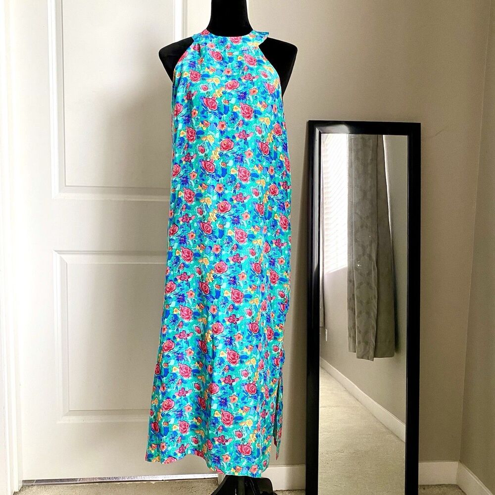 Vintage Victoria’s Secret Silk Halter Neck Long Dress New Gold Tag Floral Medium